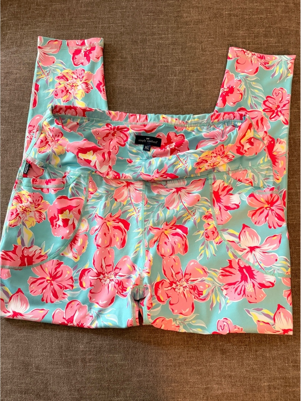 Simply Southern Women's XL Floral Leggings Blue Pink